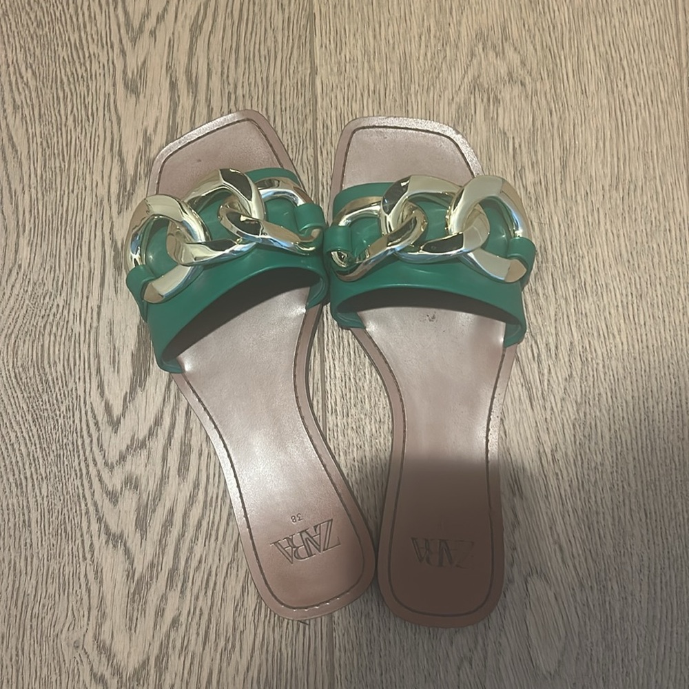 Zara Green Slide Sandals with Gold Chain Accent - Picture 2 of 5